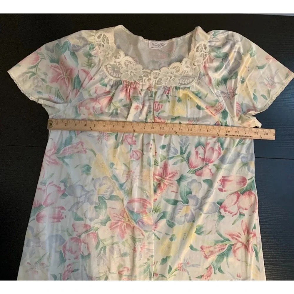Vintage Vanity Fair Floral Satin Nightgown‎ Dress Button Up Women's Medium